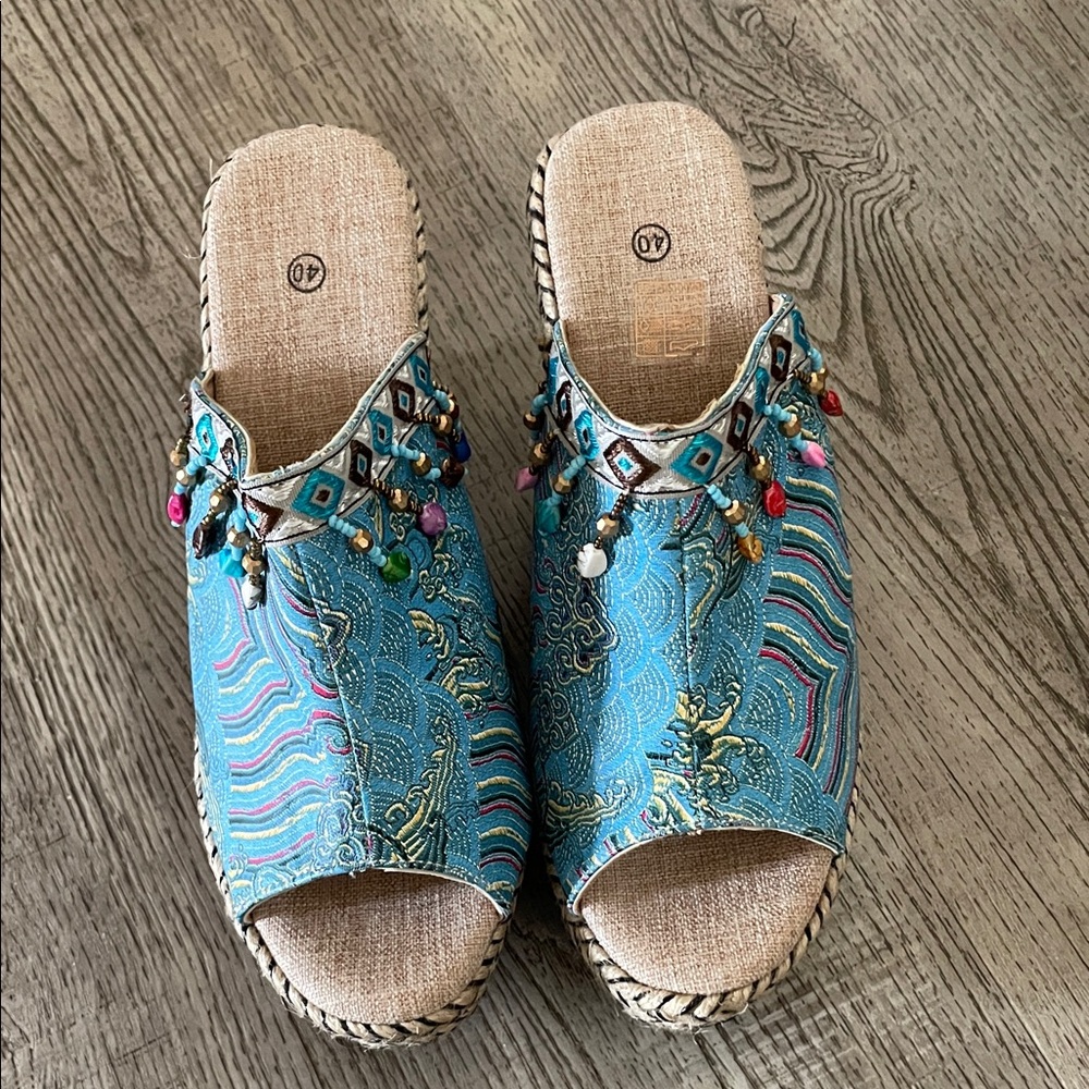 Turquoise Embroidered Beaded Wedge Slide Sandals - Picture 2 of 7
